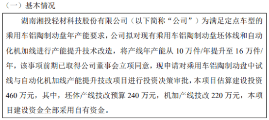 湘投轻材拟对现有乘用车铝陶制动盘坯体线和自动化机加线进行产能提升技术改造 项目估算建设投资460万