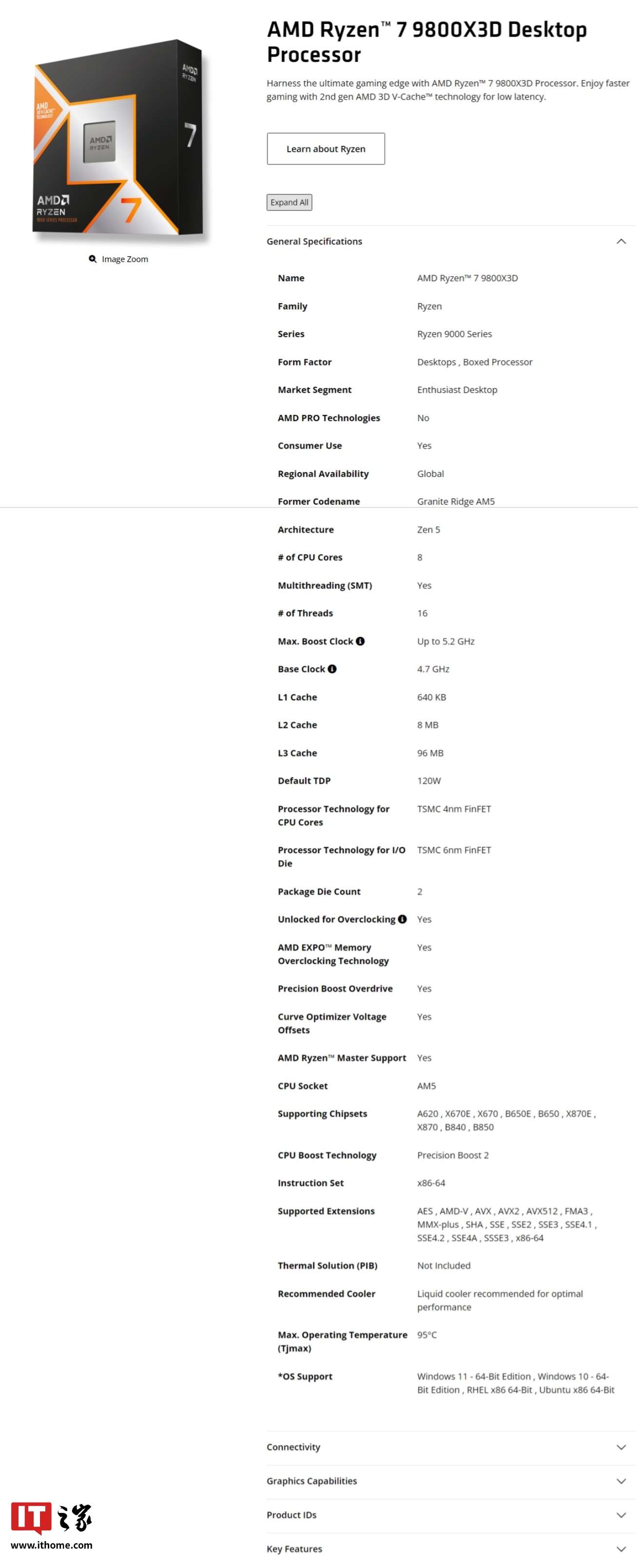AMD 锐龙 7 9800X3D 处理器上市：Zen 5 架构、96 MB L3 缓存，3799 元