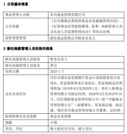 东兴基金总经理黄言代任财务负责人职务 曾任国联基金副总裁